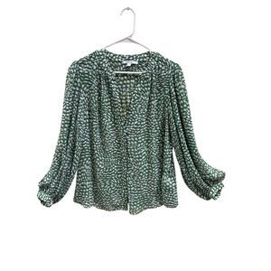 Chico’s Women’s Size 2 Boho Peasant Blouse Green White Abstract Geo print resort